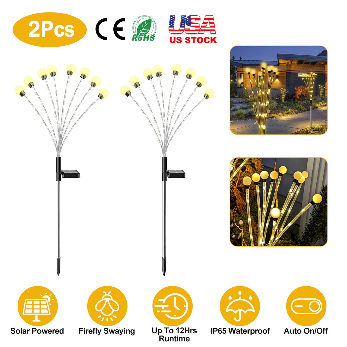 2Pcs Solar Firefly Lights Swaying Decorative Pathway Stake Lamp IP65 Waterproof Landscape Patio Yard Night Light