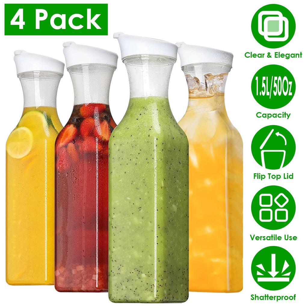 4 Pack 50Oz Water Carafes with Flip Top Lids Square Juice Containers for Fridge Plastic Clear Pitchers for Water Iced Tea Juice Lemonade Milk Cold Bre