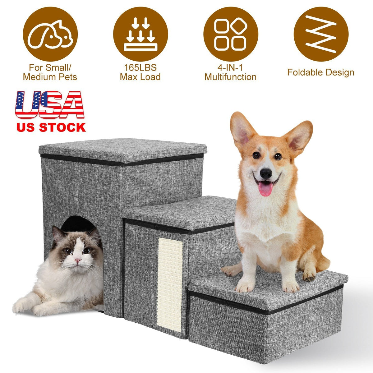 4-in-1 Foldable Pet Stairs with Storage, Scratcher & Pet House