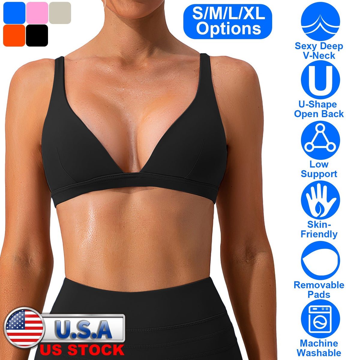 Women Deep V-Neck Sports Bras U-Shaped Back Sport Bras Padded StrappyÊCrop Open Back Low Impact Bras SexyÊFitnessÊTank Tops with Removable Pads for Gy
