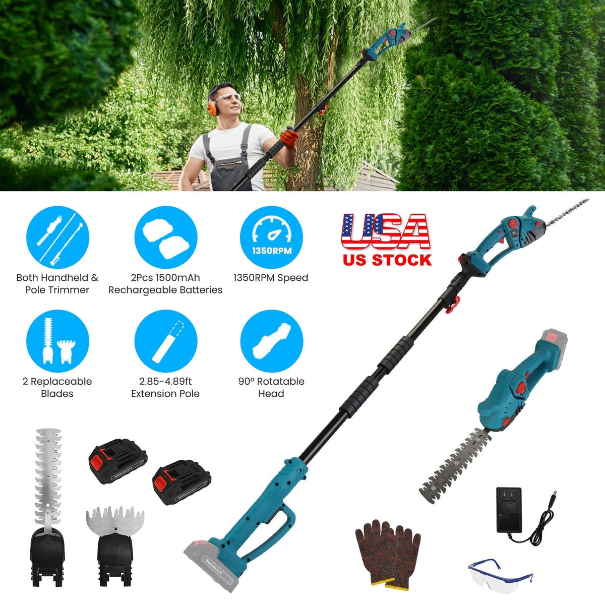 Pole Mini Hedge Trimmer & Grass Shear Electric Cordless Handheld Hedge Trimmer with 90¡ Rotatable Head Telescopic Extension Pole Gloves Goggles 2Pcs 2