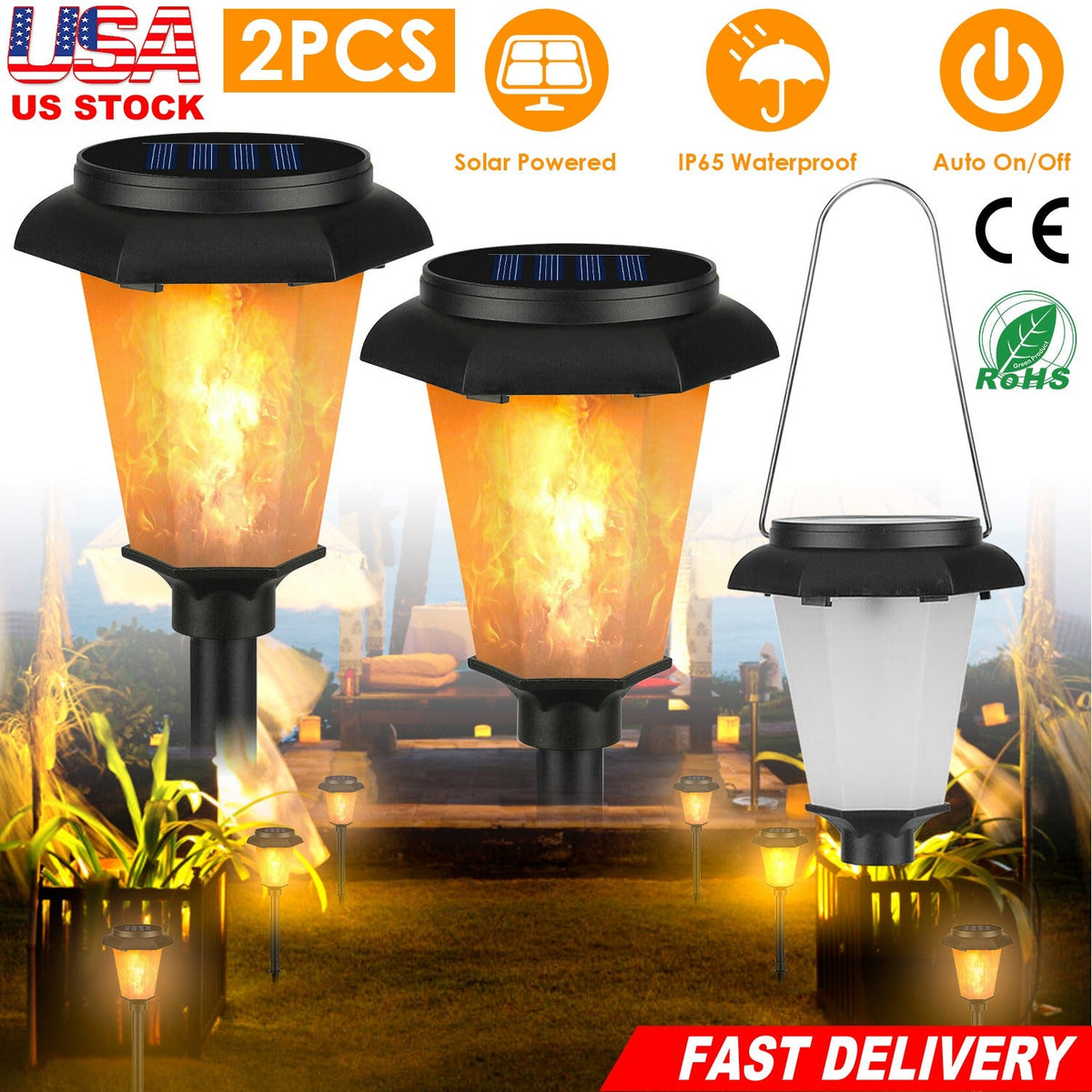 2Pcs Solar Flame Torch Light IP65 Waterproof Flickering Flame Stake Lamp Decorative Landscape Lamp For Garden Path Yard