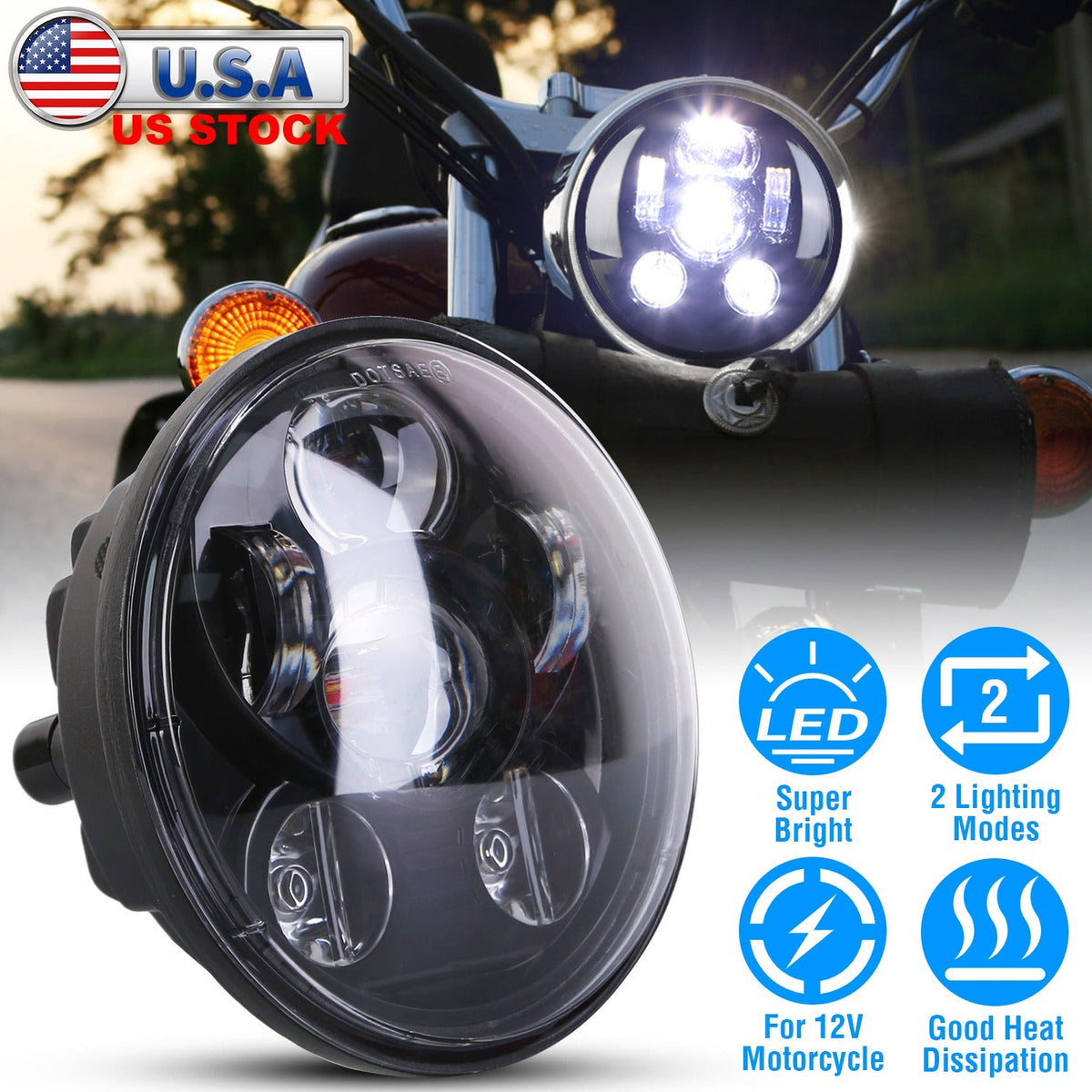5.75In LED Headlight Motorcycle Projector Headlamp Fit for Harley Dyna Sportster Iron 883 Street Rod Street Bob Softail Deuce Custom Super Wide Glide