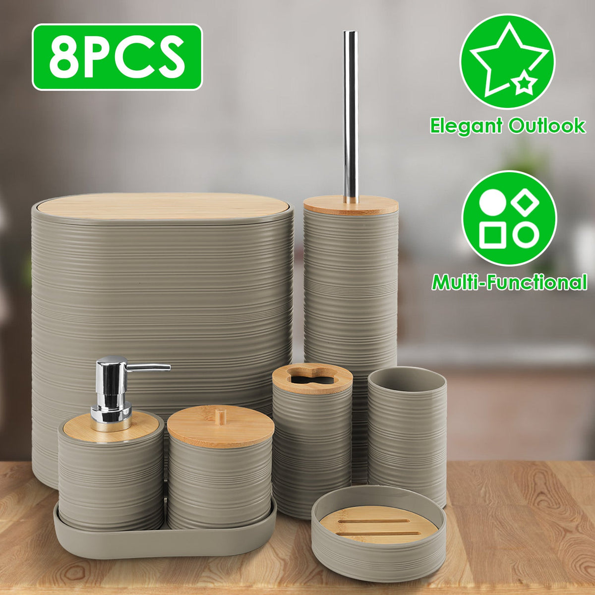 8Pcs Bathroom Accessories Set Bathroom Holder Set with Soap Dispenser Toothbrush Holder Cup Soap Dish Toilet Cleaning Brush Trash Can Qtip Holder Vani