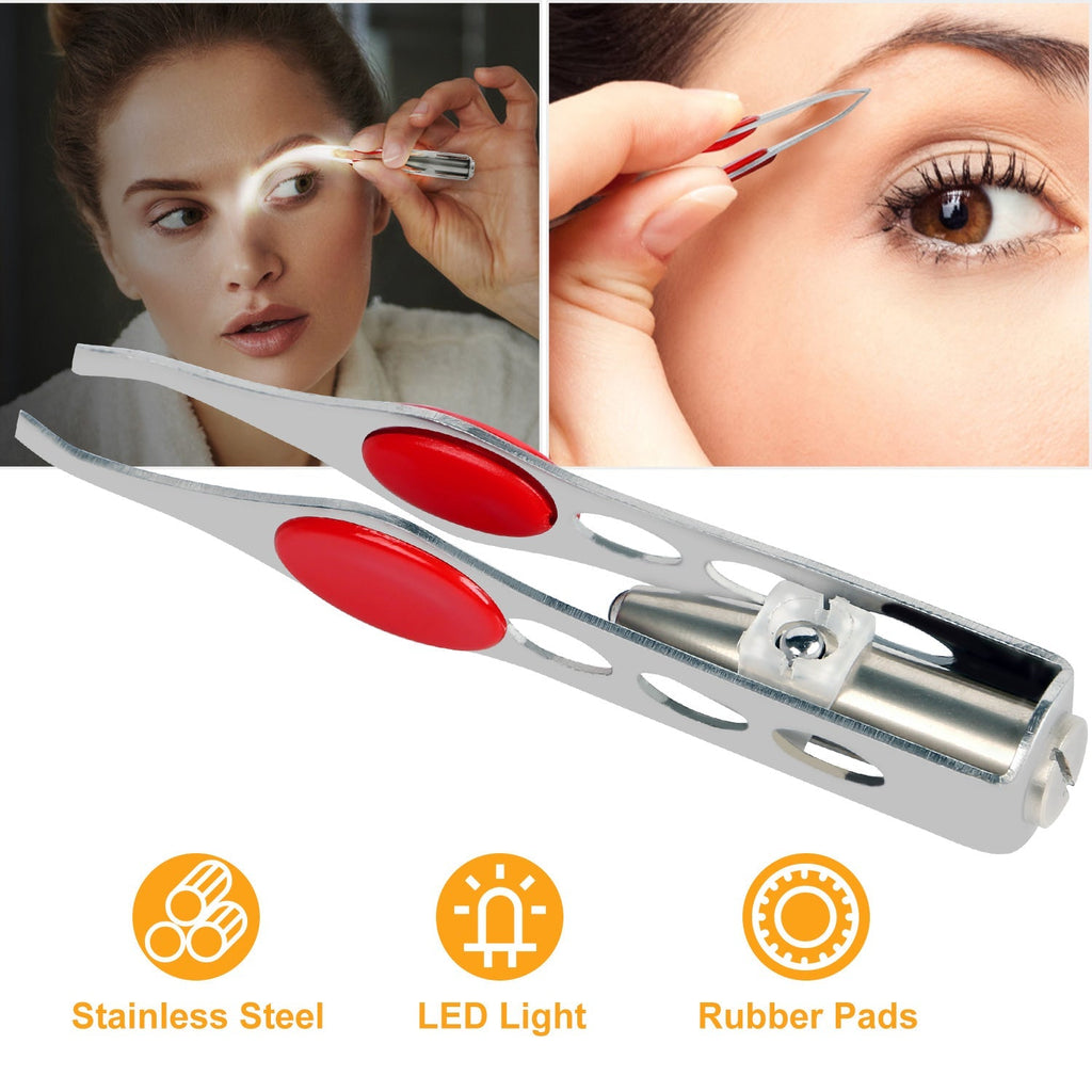 LED Eyebrow Tweezer Stainless Steel Make Up Tweezer w/ LED Light Rubber Finger Pads For Eyebrow Eyelash Hair Removal