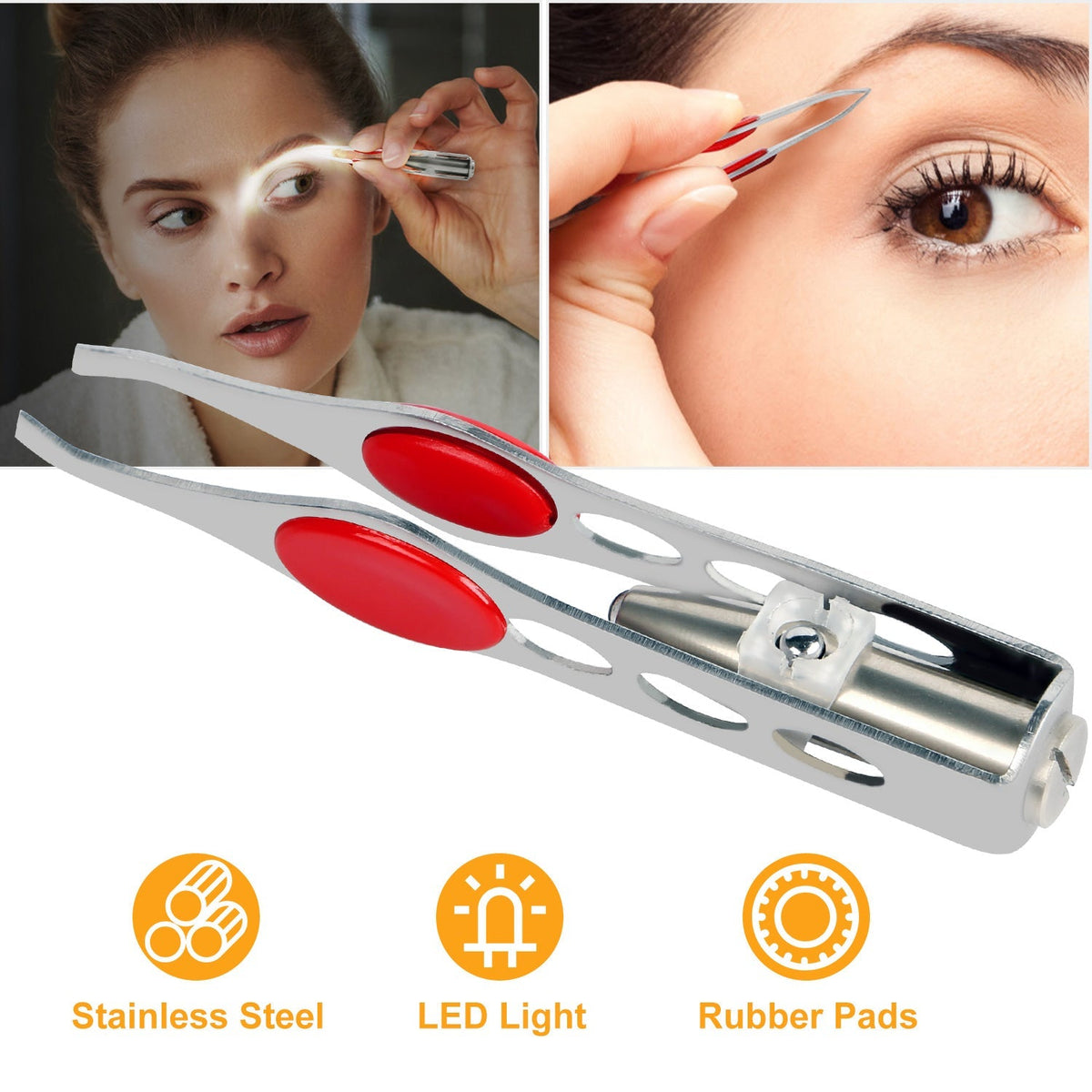 LED Eyebrow Tweezer Stainless Steel Make Up Tweezer w/ LED Light Rubber Finger Pads For Eyebrow Eyelash Hair Removal