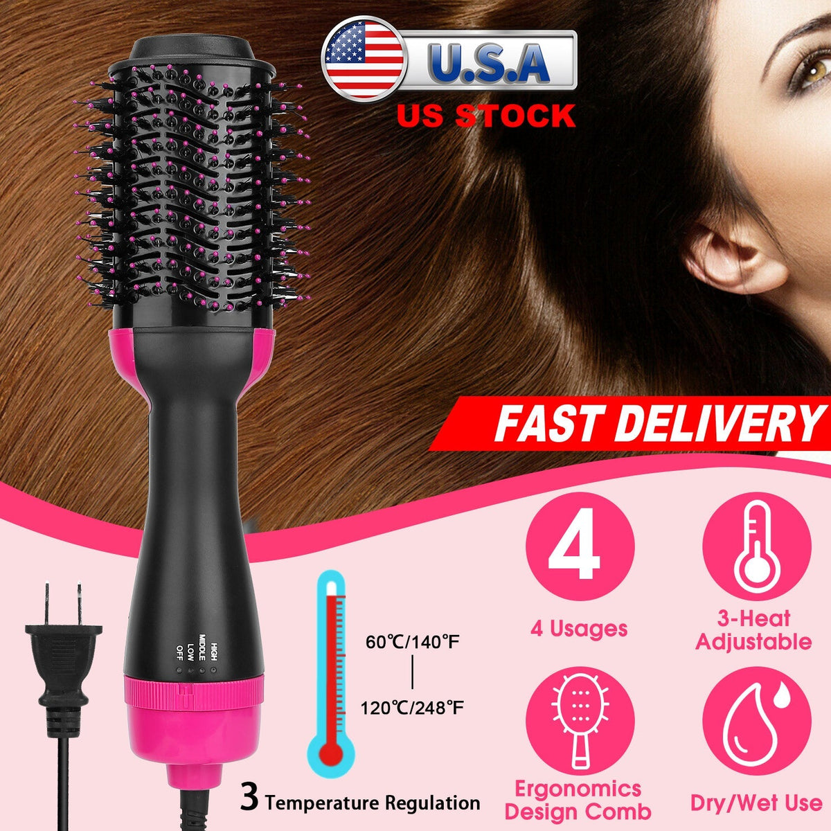 Hot Hair Brush 4 In 1 Hair Dryer Volumizer Brush Dryer Comb For Straightening Curling Drying