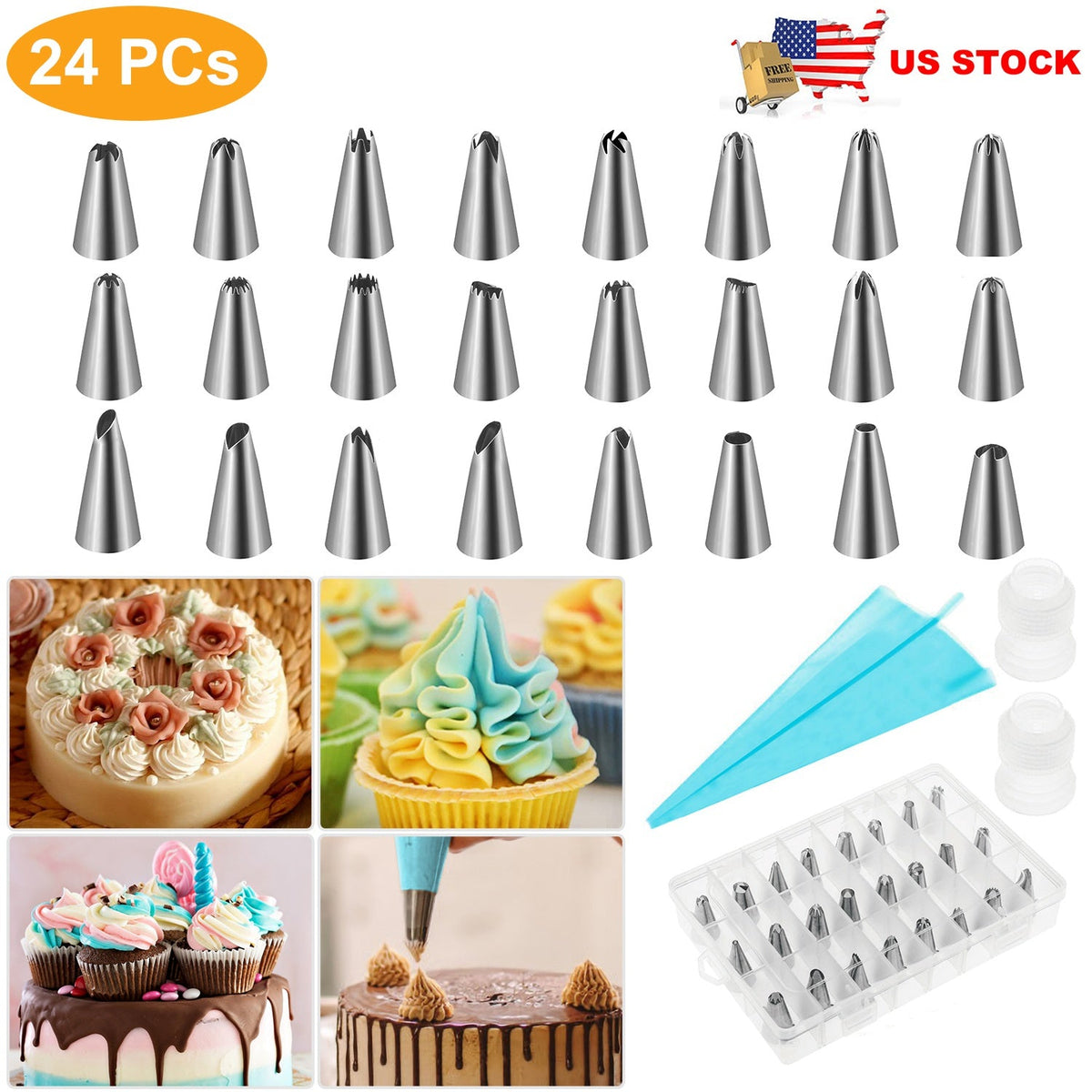 24Pcs Cake Decorating Supplies kit Stainless Steel DIY Baking Supplies Icing Tips with Pastry Bags & Disposable Coupler & Storage Case