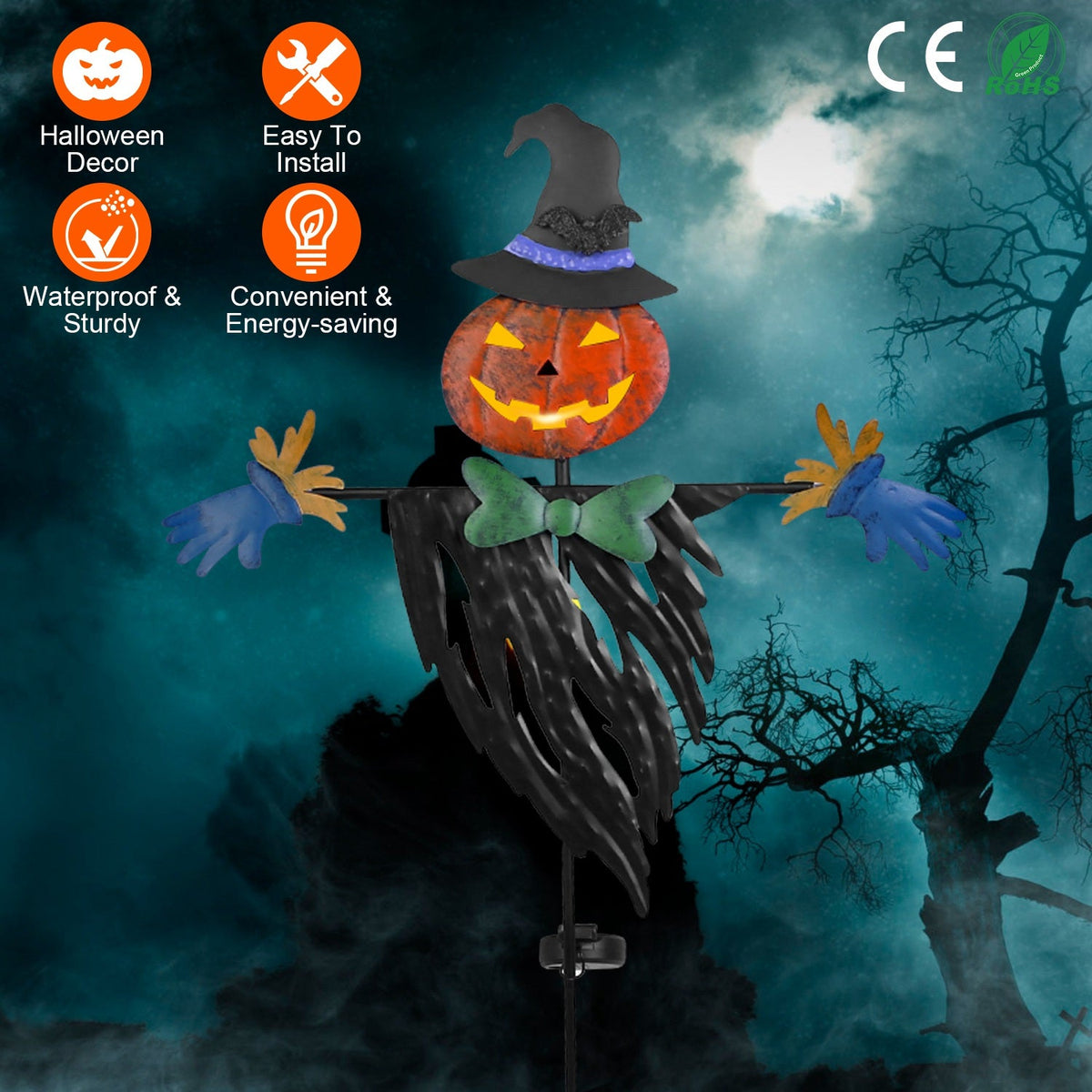 Scarecrow Shape Halloween Decoration Light Waterproof Iron Halloween Decoration Solar Powered Stake Light for Party Garden Yard Park Lawn