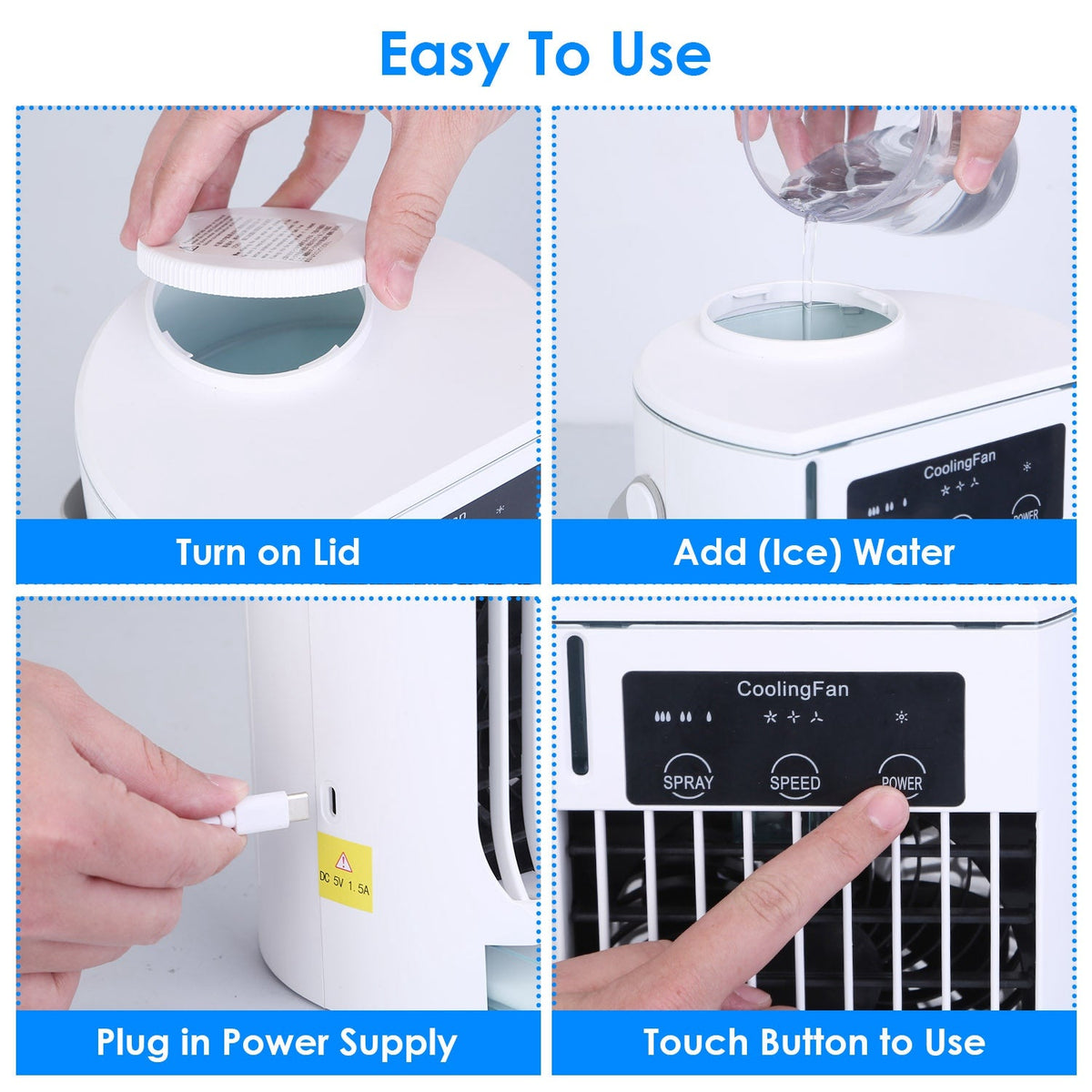 Portable Air Conditioner Fan Evaporative Humidifier 3 Speed Spray Personal Cold Mist Air Cooler Desk Table Fan Water Tank Night Light Adjustable Angel