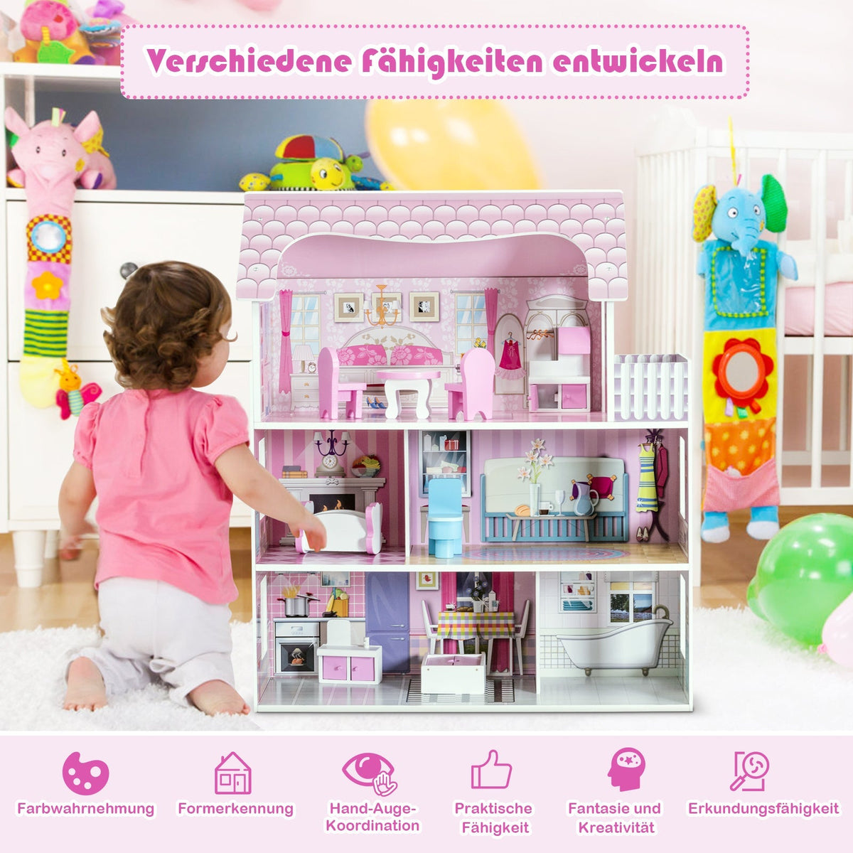 28 Inch Pink Dollhouse with Furniture