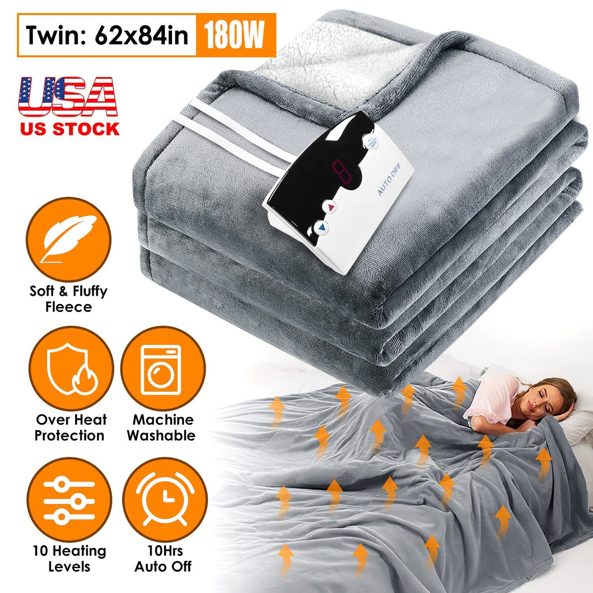 Electric Heated Twin Size Fleece Heated Blanket with 10 Heating Levels 10 Hours Auto Off Machine Washable for Home Office Usage 62x84in