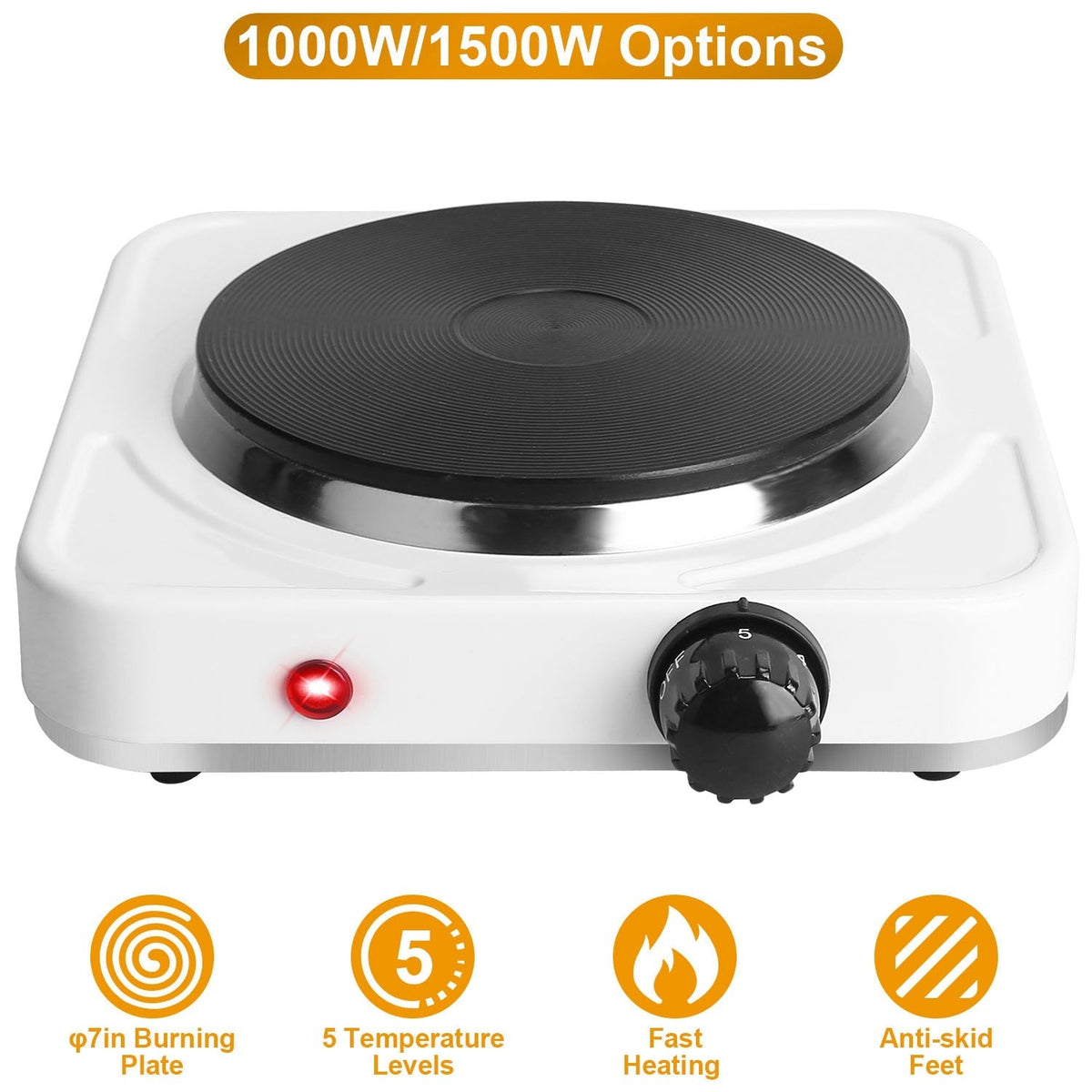 1500W Electric Single Burner Portable Heating Hot Plate Stove Countertop RV Hotplate with Non Slip Rubber Feet 5 Temperature Adjustments