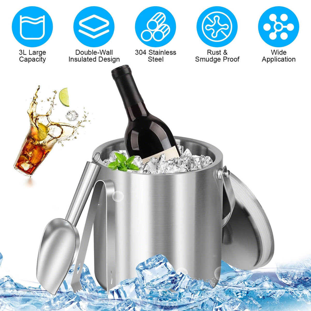 Double-Wall Stainless Steel Insulated Ice Bucket 3L Ice Holder Ice Container with Lid Scoop Strainer Handle for Wine Champagne Beer Parties Cocktails