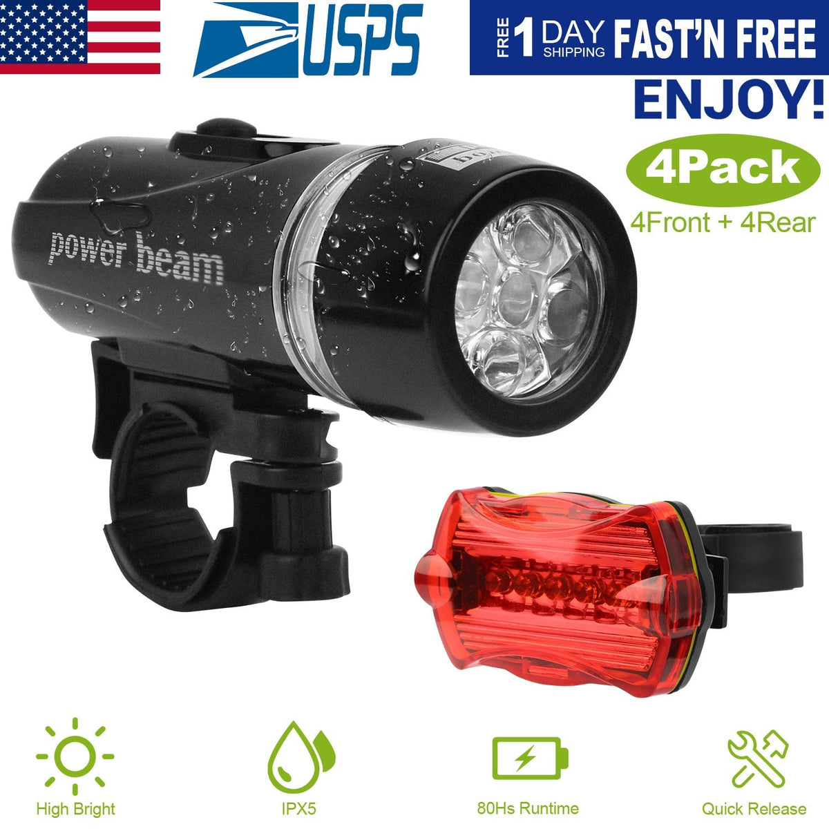 Universal  Front Rear Bike Light Set IPX5 Water-Resistant Bike Headlight Taillight Tool-Free Mounting Quick Release