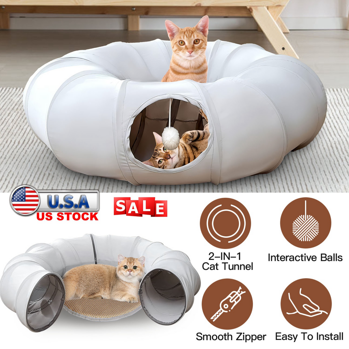 Indoor Cat Tunnel Bed with Interactive Hanging Ball Circle Cat Tunnel Cooling Fabric Central Soft Mat Flexible Design Foldable Tunnel for Cats Puppy