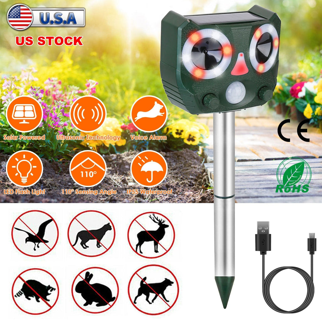 Ultrasonic Animal Repeller Solar Powered Animal Repellent Motion Sensor Animal Chaser IP55 Waterproof for Farm Garden Yard to Drive Deer Raccoon Squir