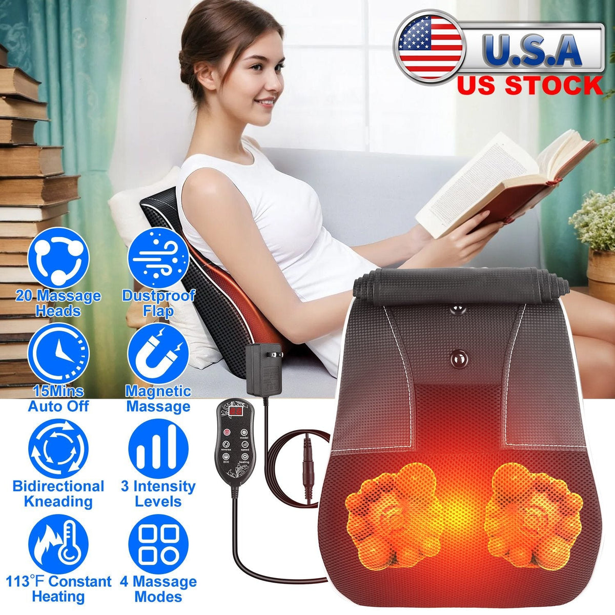 Back Massager with Heat 3D Kneading Massage Pillow Shiatsu Full Body Massager for Back Neck Waist Arm Abdomen Calf