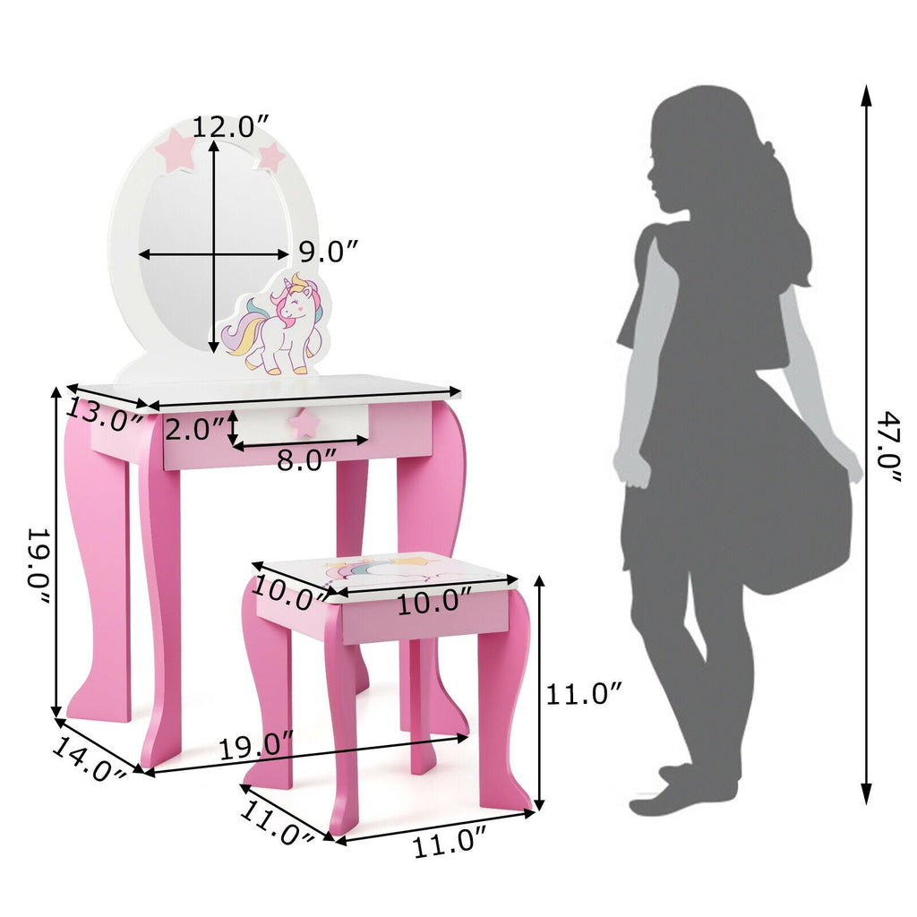 Kids Wooden Makeup Dressing Table and Chair Set with Mirror and Drawer