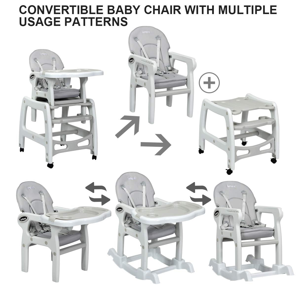 3-in-1 Baby High Chair with Lockable Universal Wheels-Gray