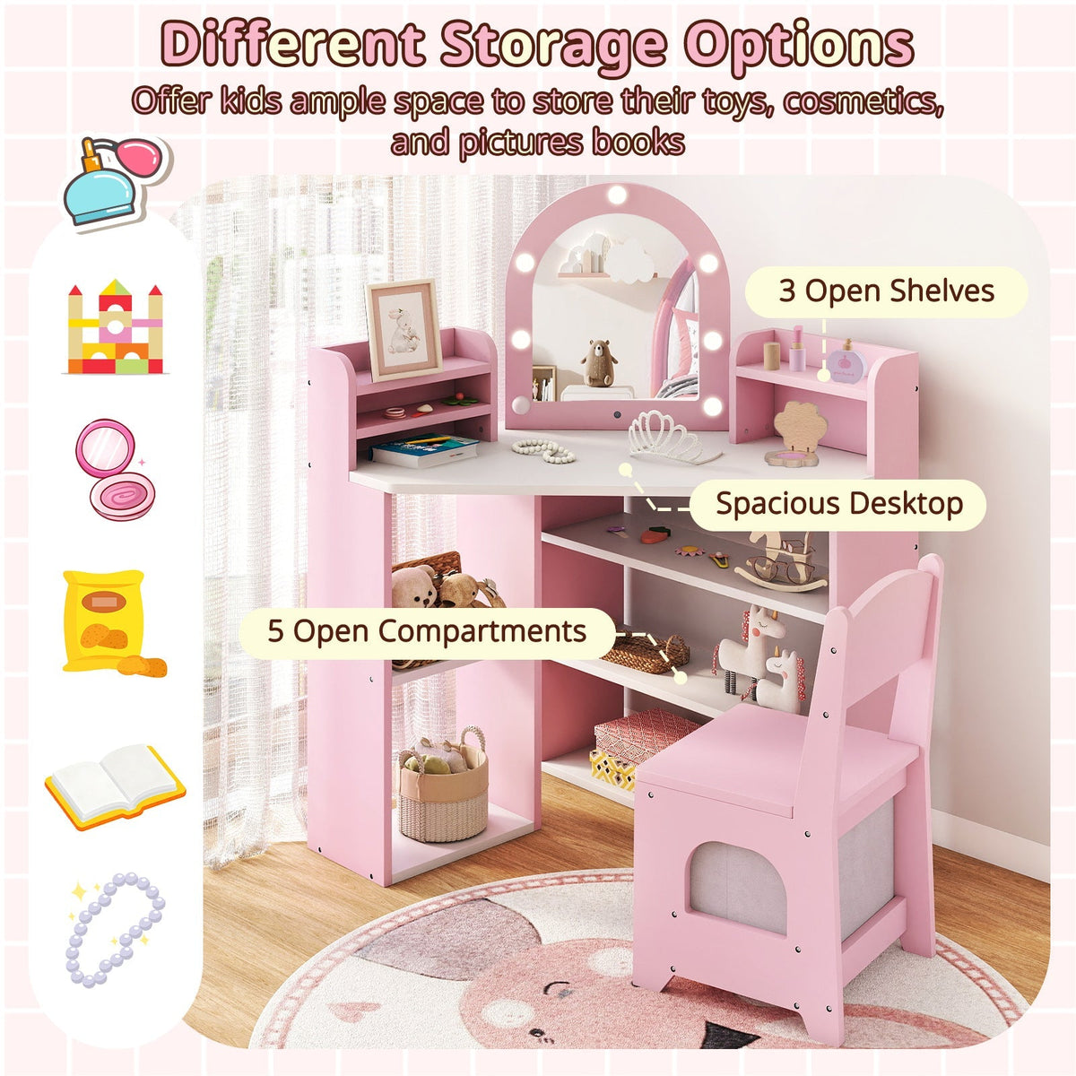 2-In-1 Kids Vanity Set with Lights for Toddlers 3+ Years Old