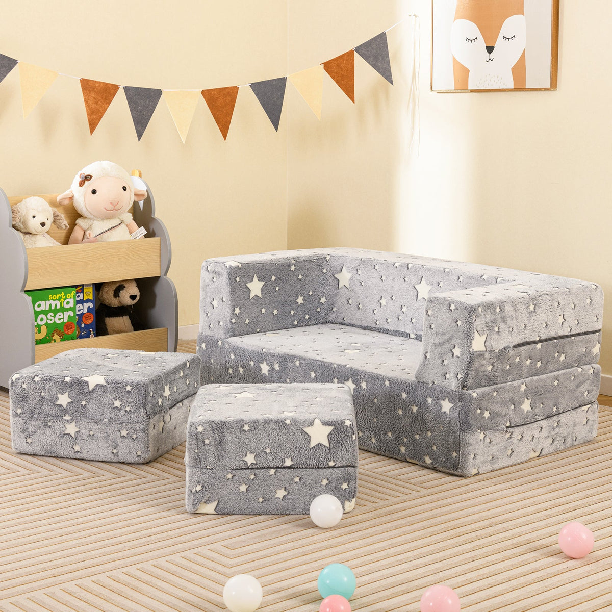 2 Seater Kids Play Couch with Removable and Machine Washable Flannel Cover-Gray