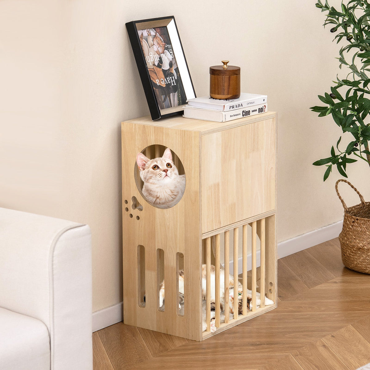 2-tier Wooden Cat Condo Indoor Symmetrical Cat House with Removable Cushions