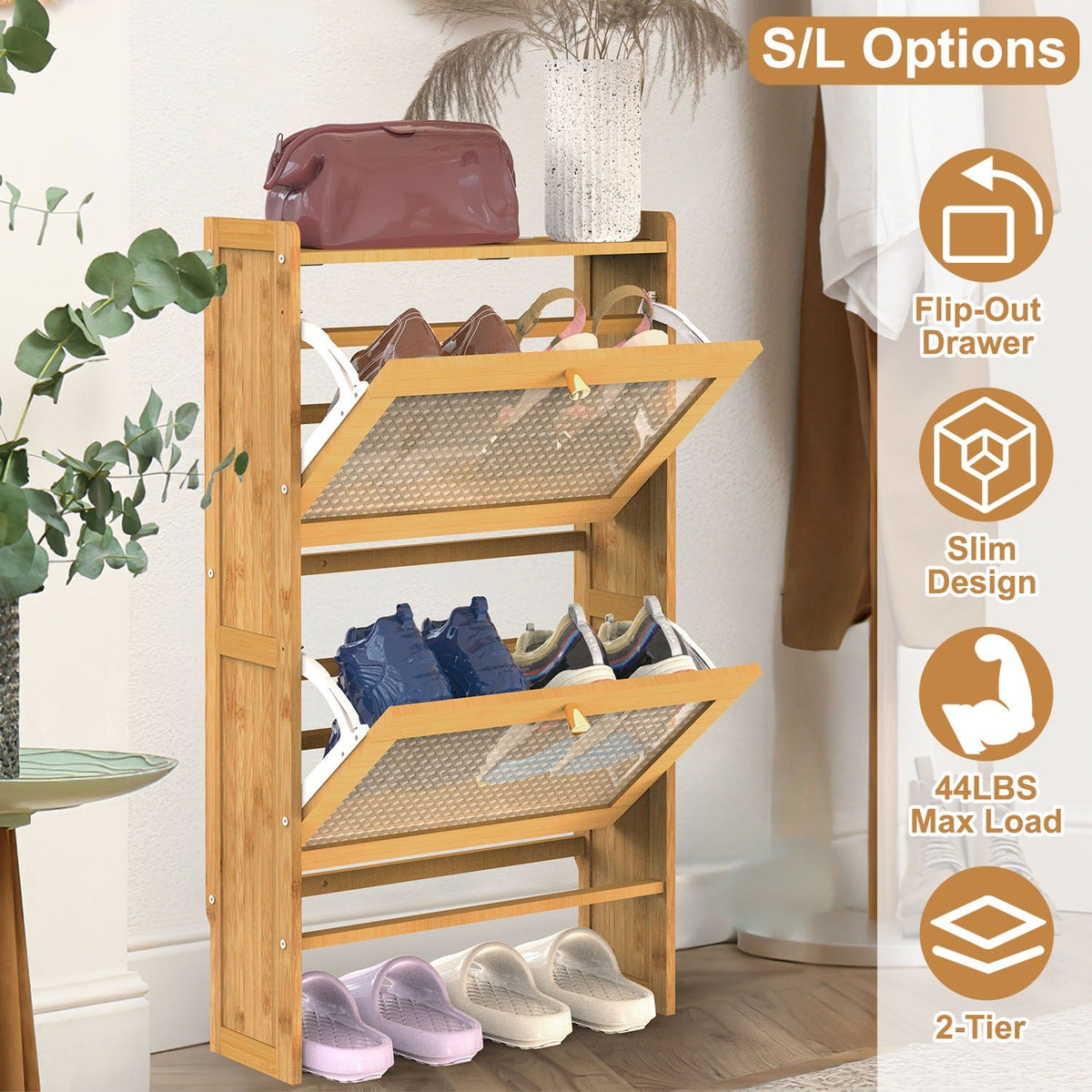 2-Tier Shoe CabinetÊwith 2 Flip Drawers Slim Bamboo Shoe Rack Freestanding Narrow Shoe Organizer with 44lbs Max Load for Entryway Hallway