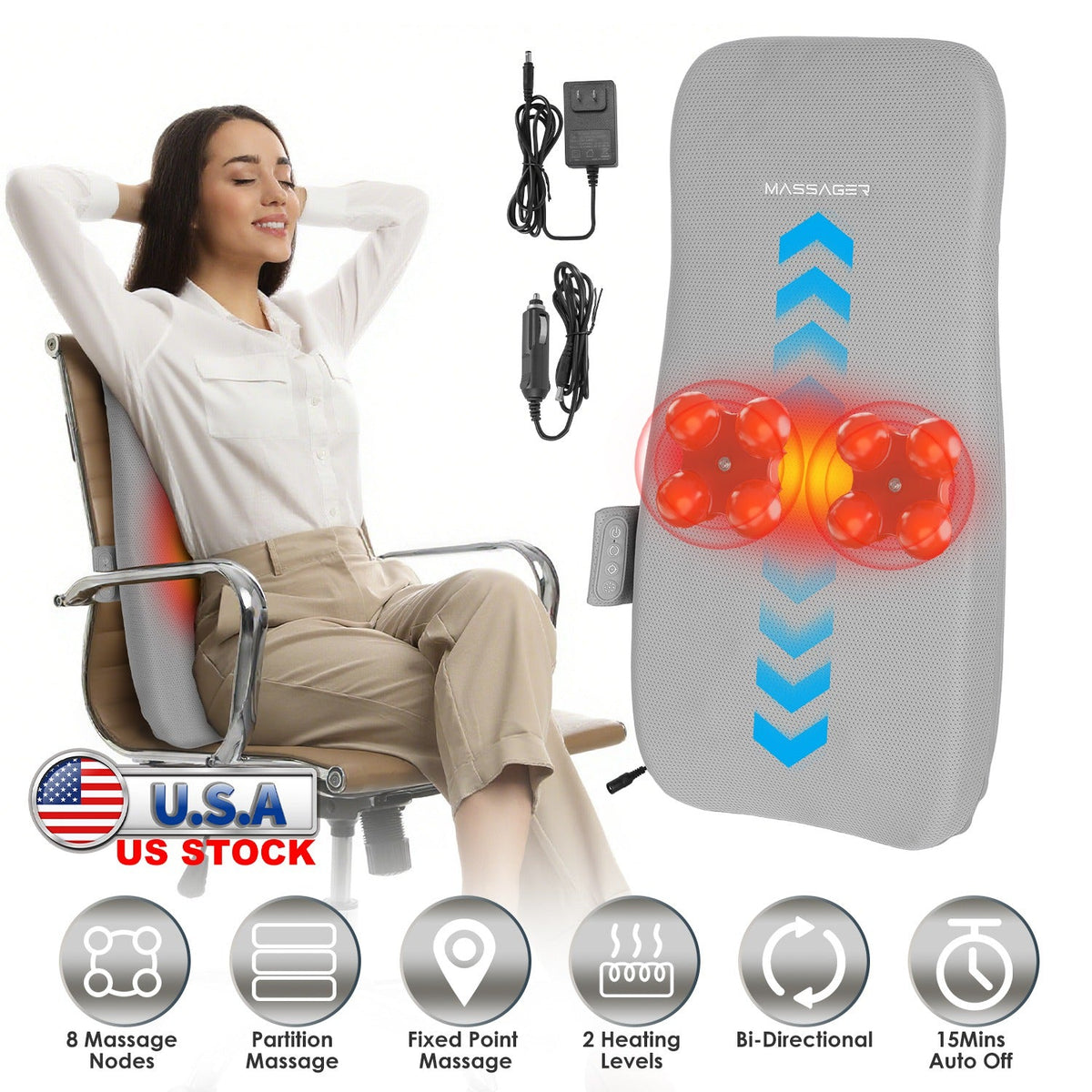 Full Back Massager With Rolling Kneading Nodes Soothing Heating 3D Deep Tissue Shiatsu Chair Massage Pad For Lumbar Upper Lower Back Gift For Women Me