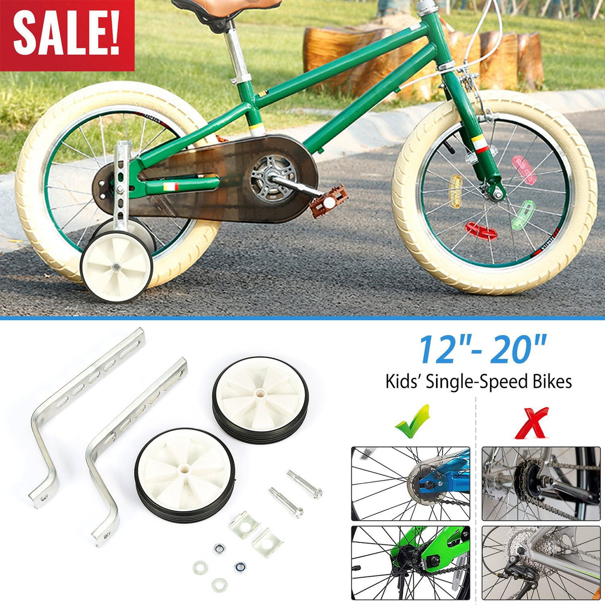 Bicycle Training Wheels Adjustable Kids Children Bike Stabilizer Wheel for 12"- 20" Bike