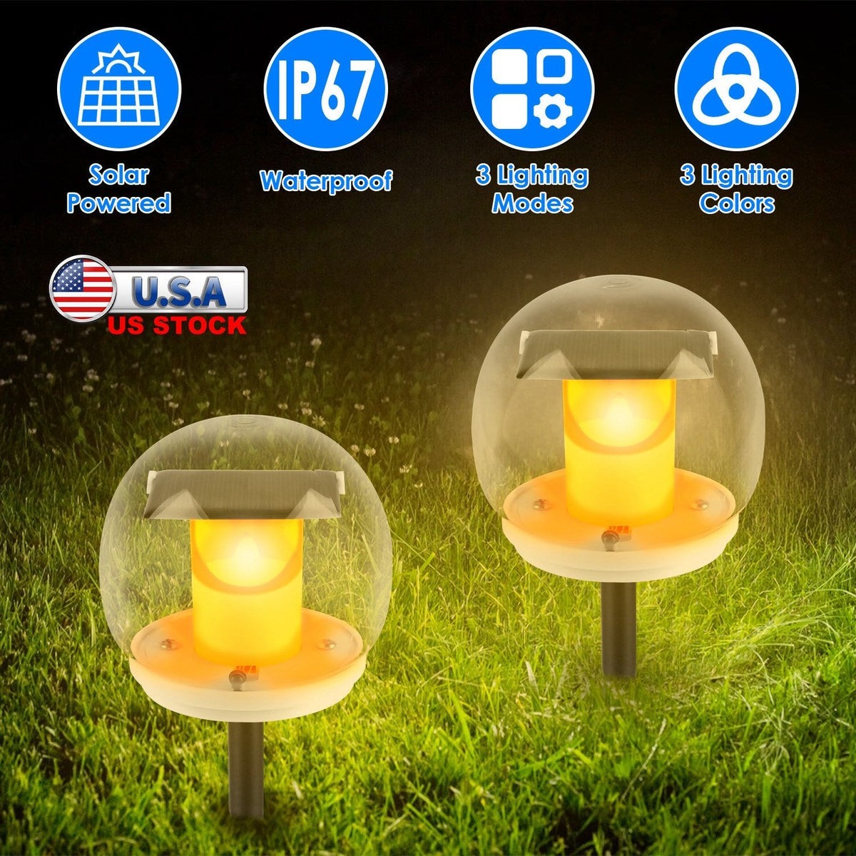 2Pcs Solar Floating Pool Lights Solar Flame Stake Lights IP67 Waterproof Outdoor Globe Ball Lights With 3 Lighting Colors Modes For Pool Garden Patio