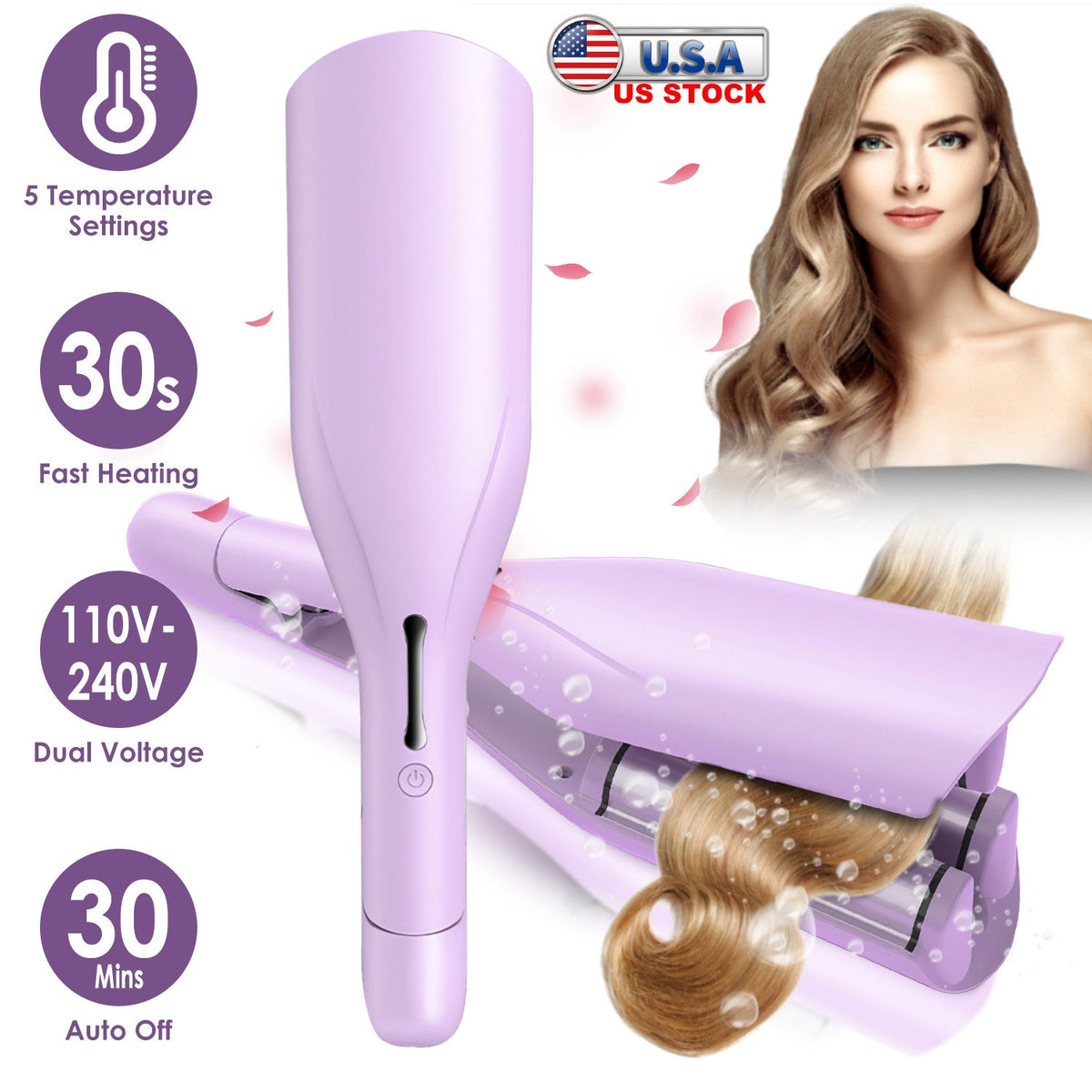 Hair Iron Curling Waver with Ceramic 1.41inch Barrel Ions Deep Hair Curler Dual Voltage Anti-Scald Hair Curling Wand Hair Crimper with 5 Temperature A