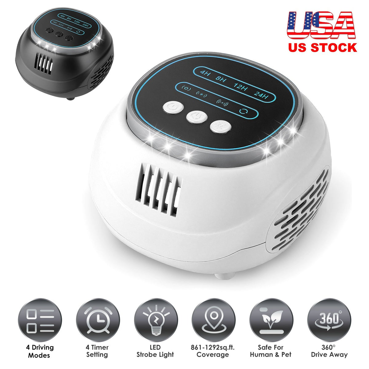 Ultrasonic Rodent Chaser Rat Repellent Pest Driver Mouse Control Squirrel Repeller with 4 Modes 4-65KHz Strobe Light 4 Timer 1292sq.ft. Coverage for R
