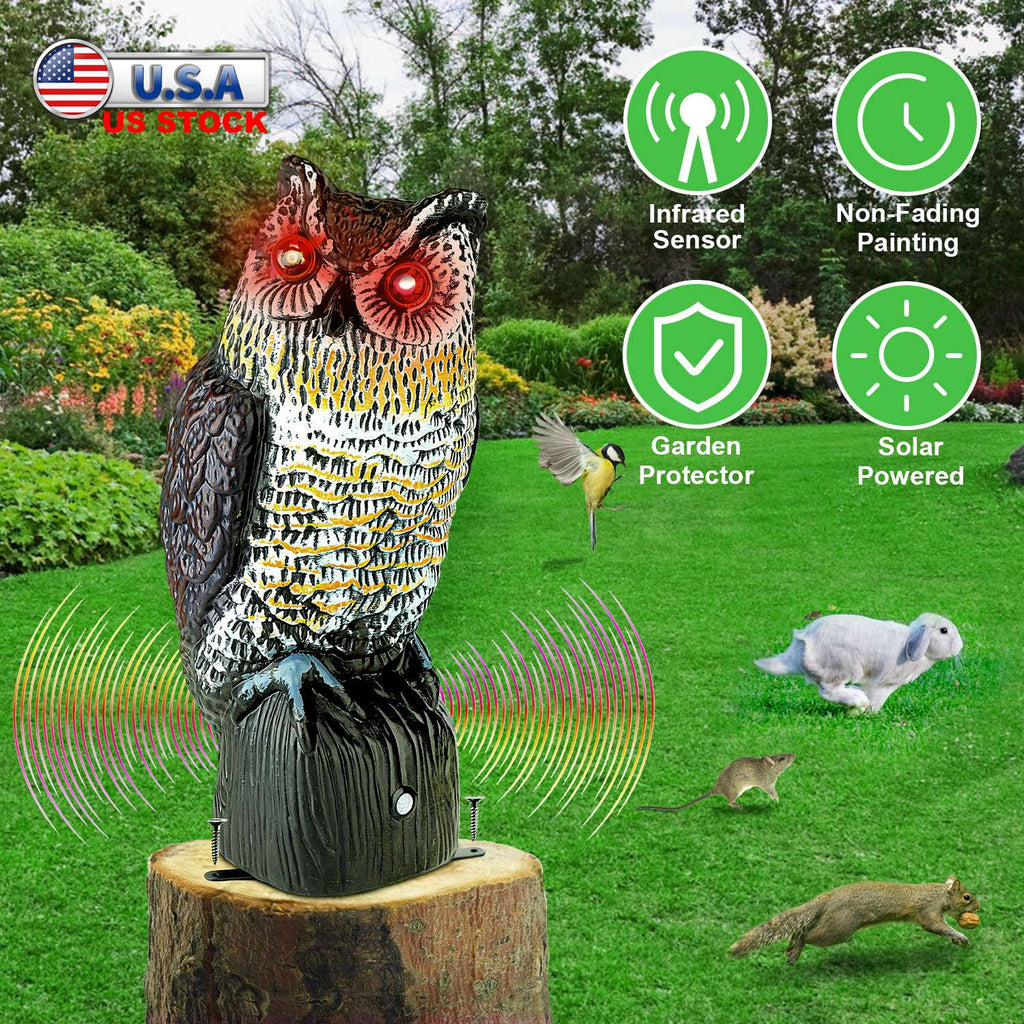 Solar Powered Owl Decoy with Flashing Eye Hoot Sound Infrared Sensor Scare Bird Squirrel Away Pest Repellent Bird Deterrent Outdoor Garden Yard Protec