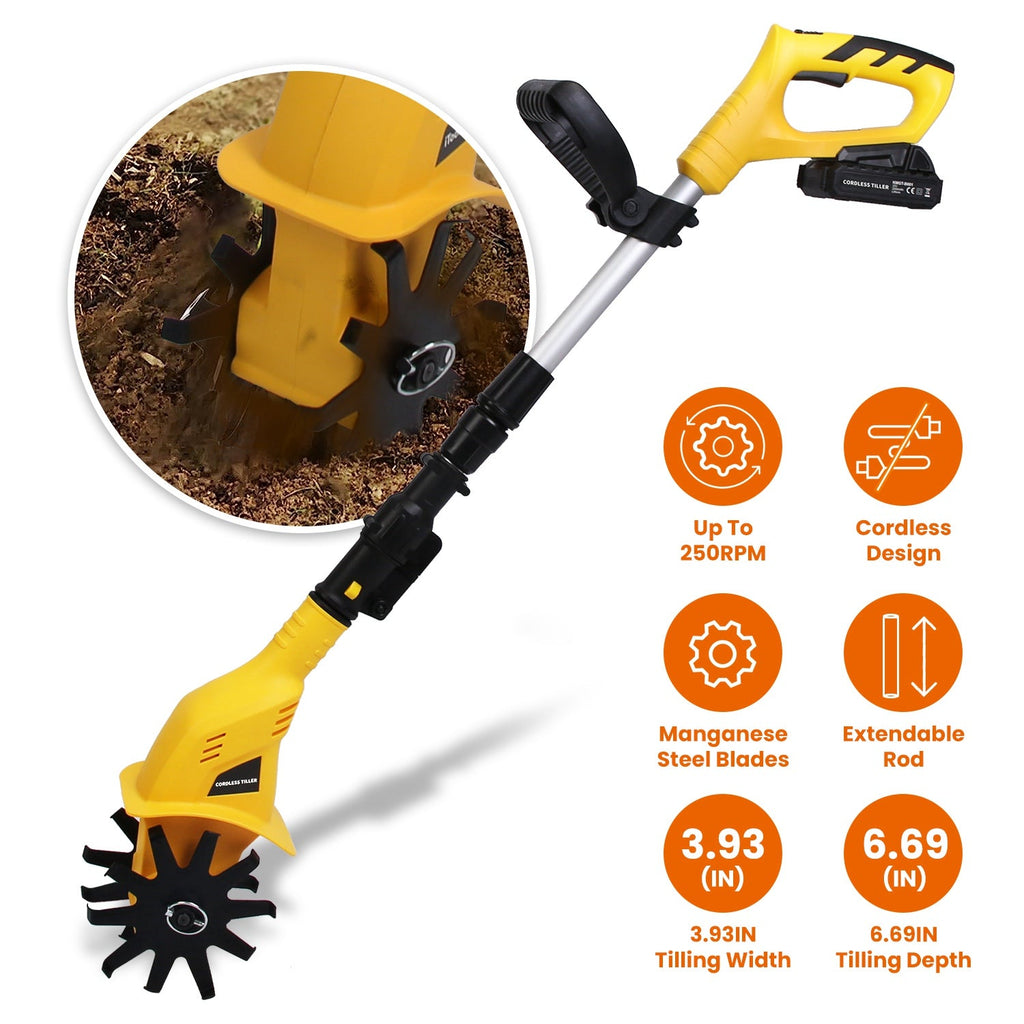 Cordless Electric Garden Tiller Cultivator With 20V Rechargeable Battery 3.93In Width 6.69In Depth 250RPM Max For Garden Yard Farm Lawn
