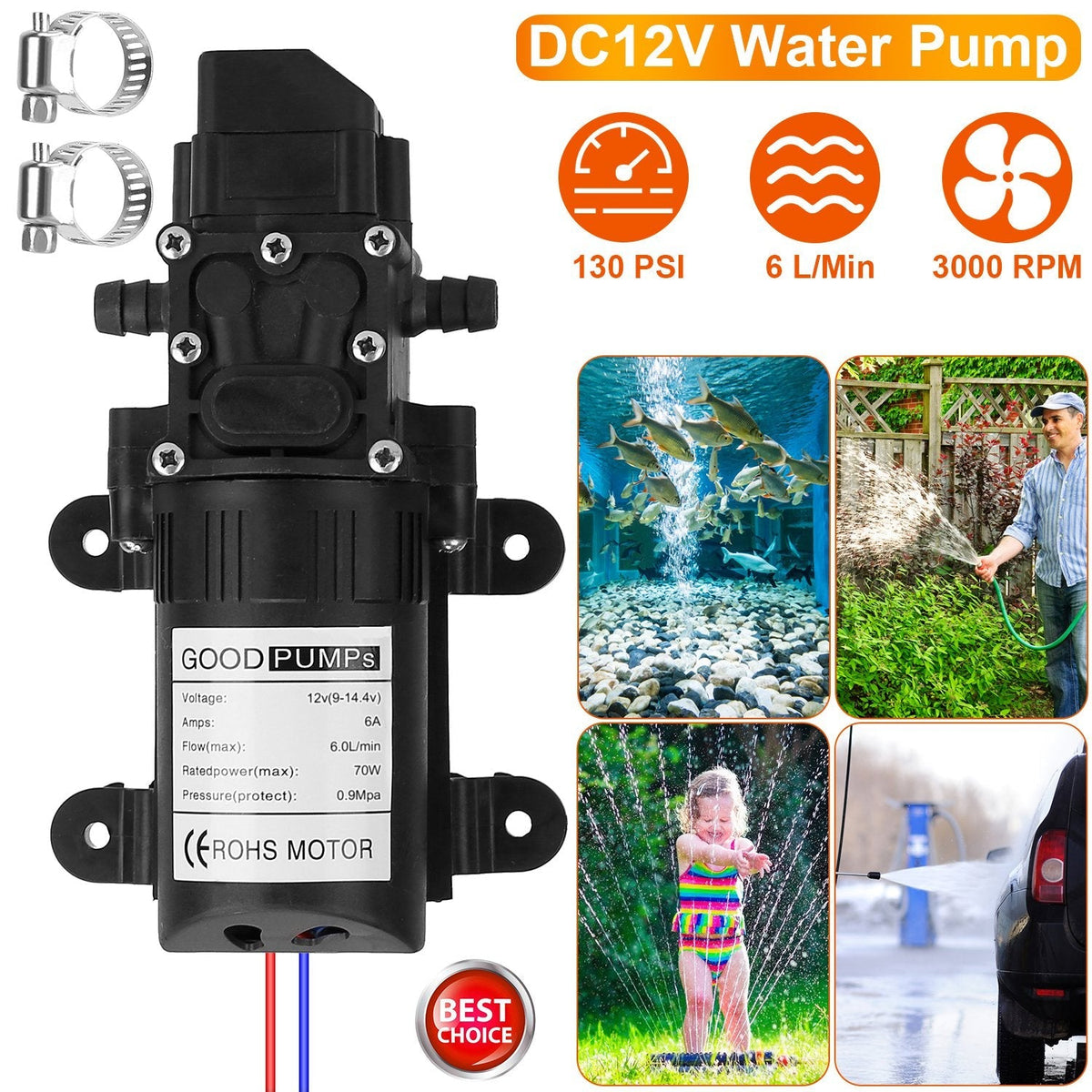 12V Water Pump with 2 Hose Clamps 130PSI Self Priming Sprayer Pump 70W Electric Diaphragm Water Pump 6L/Min for RV Camper Marine Boat