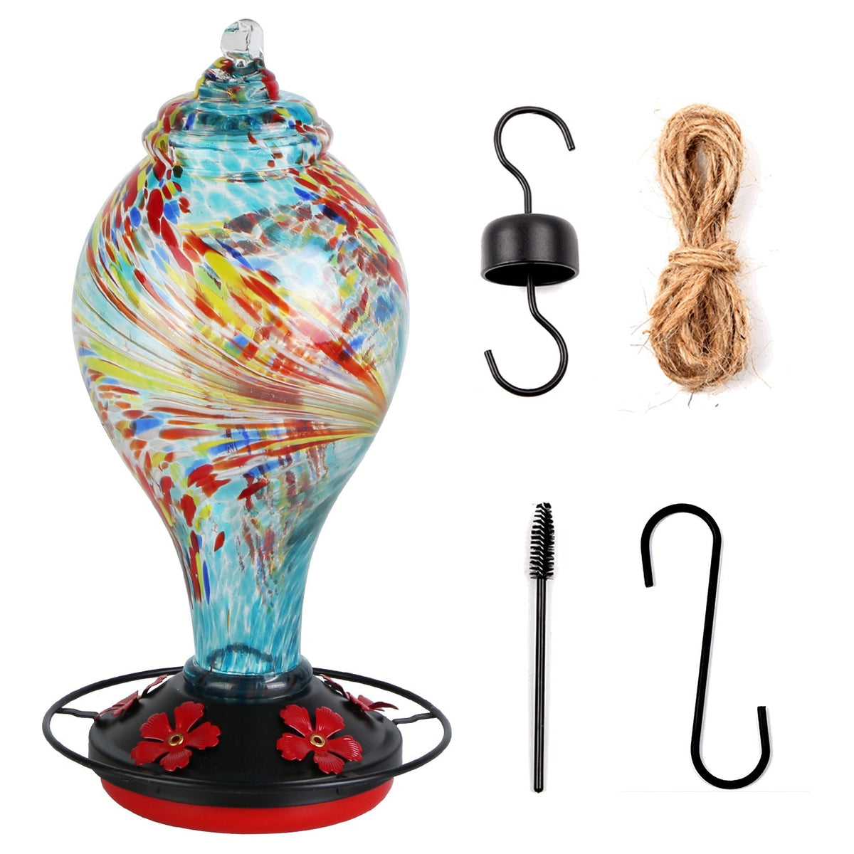 Glass Hummingbird Feeder 33OZ Hand Blown Hummingbird Feeder with 5 Flower Feeding Port Perch Ant Moat Hanging Hook S Hook Hemp Rope Cleaning Brush for