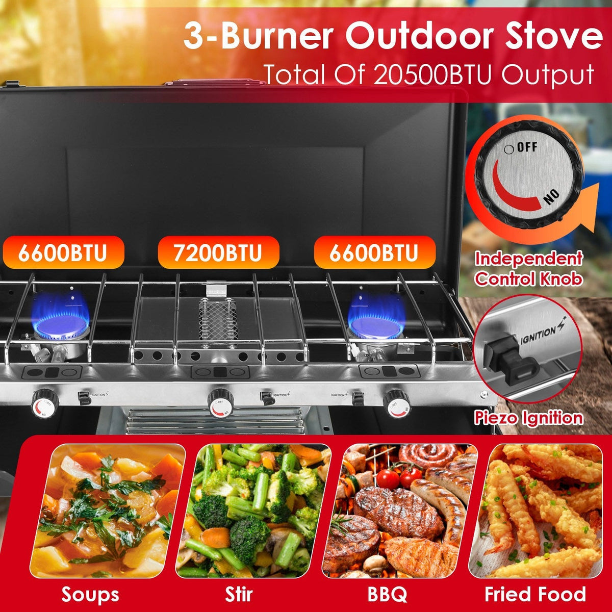3 Burner Camping Stove 20000 BTU Portable Foldable Propane Stove With Toast Tray Windshield Portable Handle Outdoor Cooking Gas Stove For RV Camping B