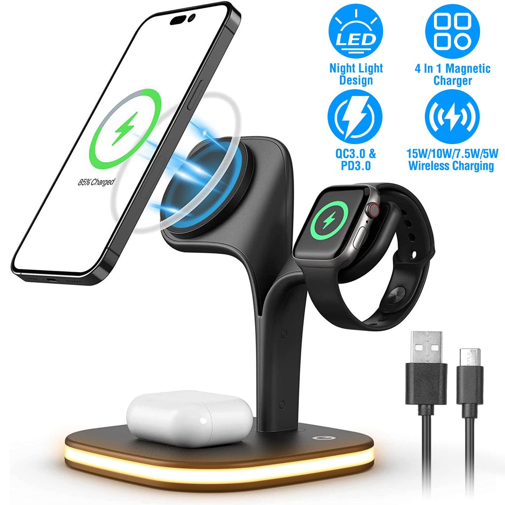 4 in 1 Magnetic Wireless Charging Station Dock Charger 15W Fast Charging Stand Nightlight Fit for iPhone 14 13 12 Pro Pro Max Mini iWatch 7 6 5 4 3 2