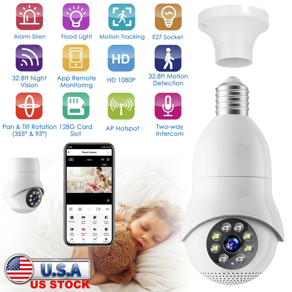 E27 WiFi Bulb Camera 1080P FHD WiFi IP Pan Tilt Security Surveillance Camera with Two-Way Audio Night Vision Flood Light Motion Tracking Siren Functio