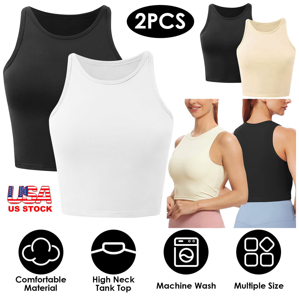 Women Sleeveless Cropped Tank Top High Neck Crop Racer Back Workout Top Machine Washable Summer S M L XL 2XL