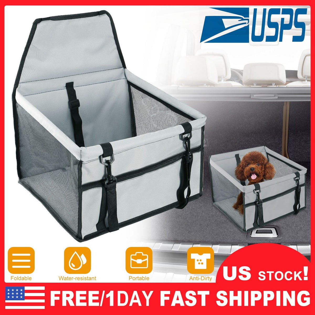 Dog Booster Car Seat Foldable Dog Booster Seat Pet Travel Carrier w/ Clip-on Safety Leash Zipper Storage Pocket for Small Medium Pets Up to 20Lbs