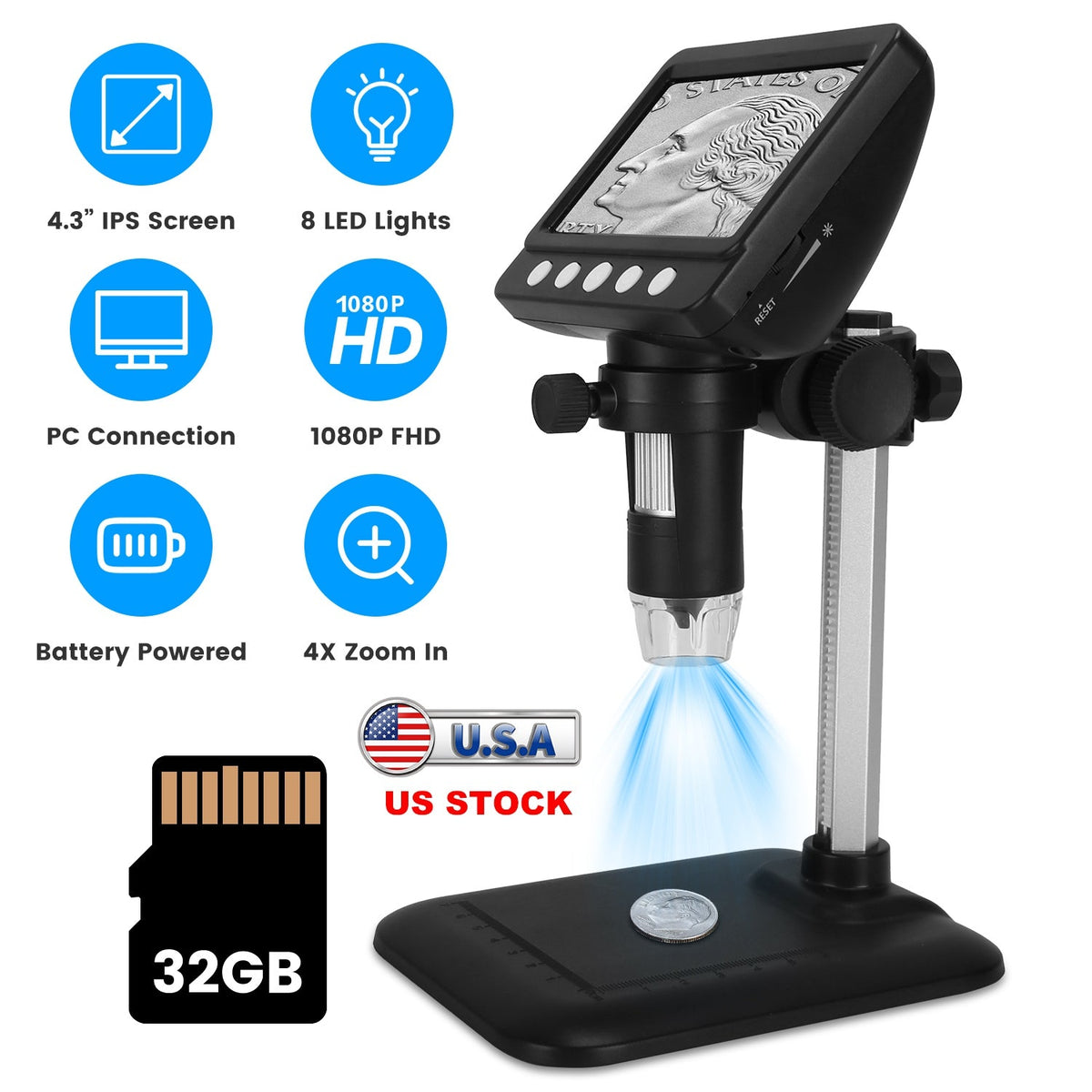 4.3Inch LCD Digital Microscope 1000X 1080P Photo Video Error Coin Magnifier with 8 Dimmable LED Lights PC Views Compatible with MacOS Windows Included