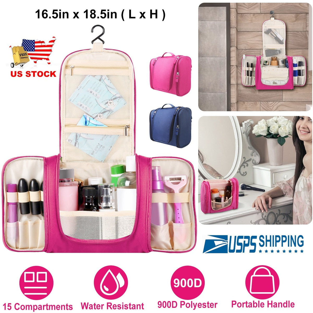 Travel Makeup Bags Portable Cosmetics Organizer Bag w/Hang Hook Handstrap Waterproof Toiletry Wash Bag for Women