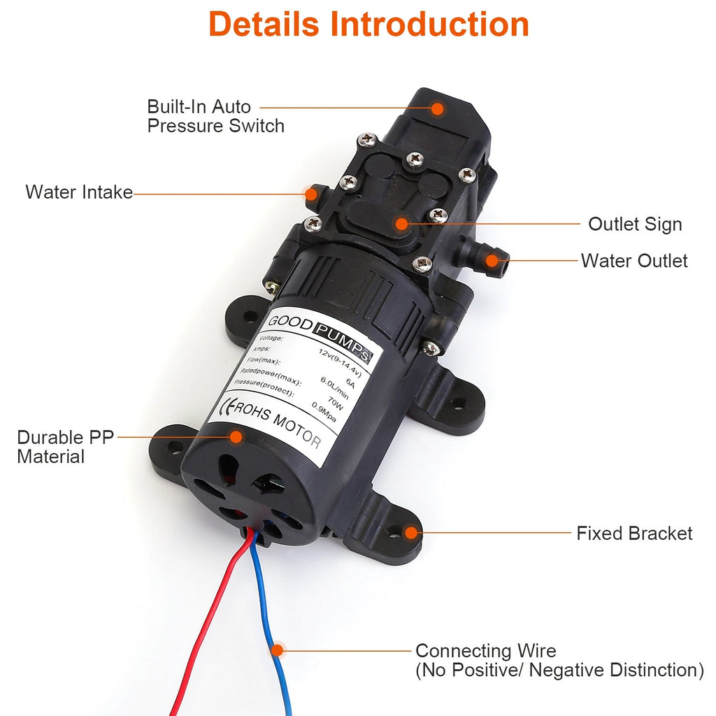 12V Water Pump with 2 Hose Clamps 130PSI Self Priming Sprayer Pump 70W Electric Diaphragm Water Pump 6L/Min for RV Camper Marine Boat
