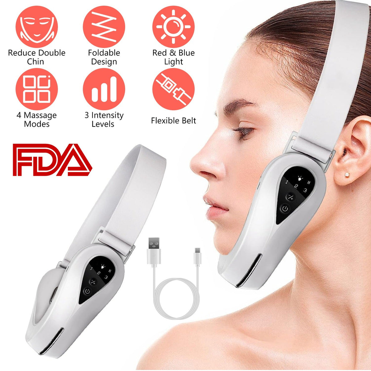 Double Chin Reducer Machine Electric Face Lift Device V Face Shaping Massager with Red Blue Light 4 Mode 3 Intensity Level Adjustable Belt