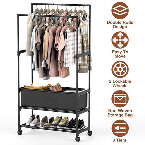 Double Rod Garment Rack – Adjustable, Portable with Shelves & Wheels