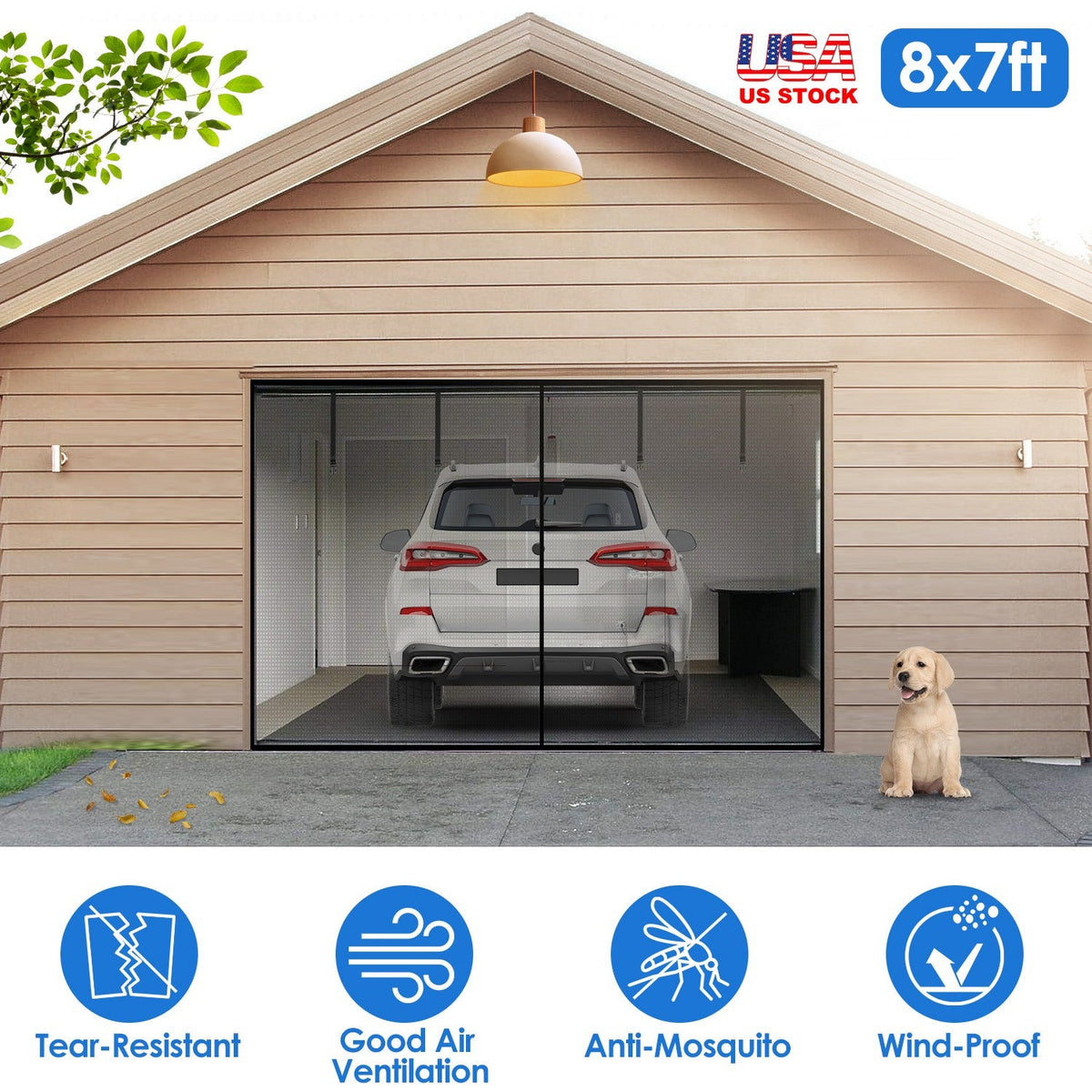 8x7FT Magnetic Garage Door Screen Single-Car Garage Screen Mesh Fiberglass Garage Net with Magnetic Closure 4 Buckle Straps for One Cars