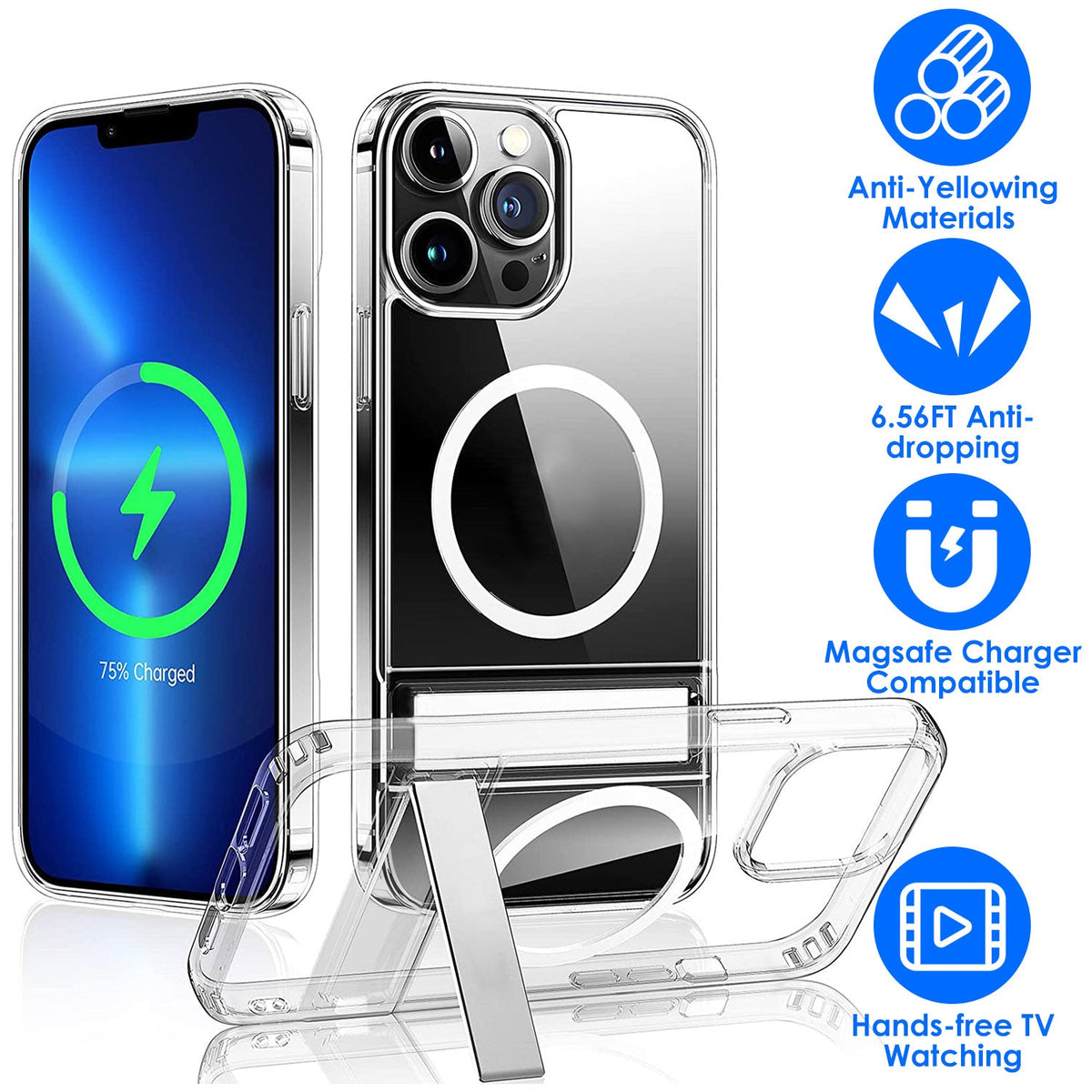 Magnetic Metal Kickstand Clear Case Shockproof Anti Yellowing Phone Cover Compatible with Magsafe Fit for IOS Phone 14 Pro Max
