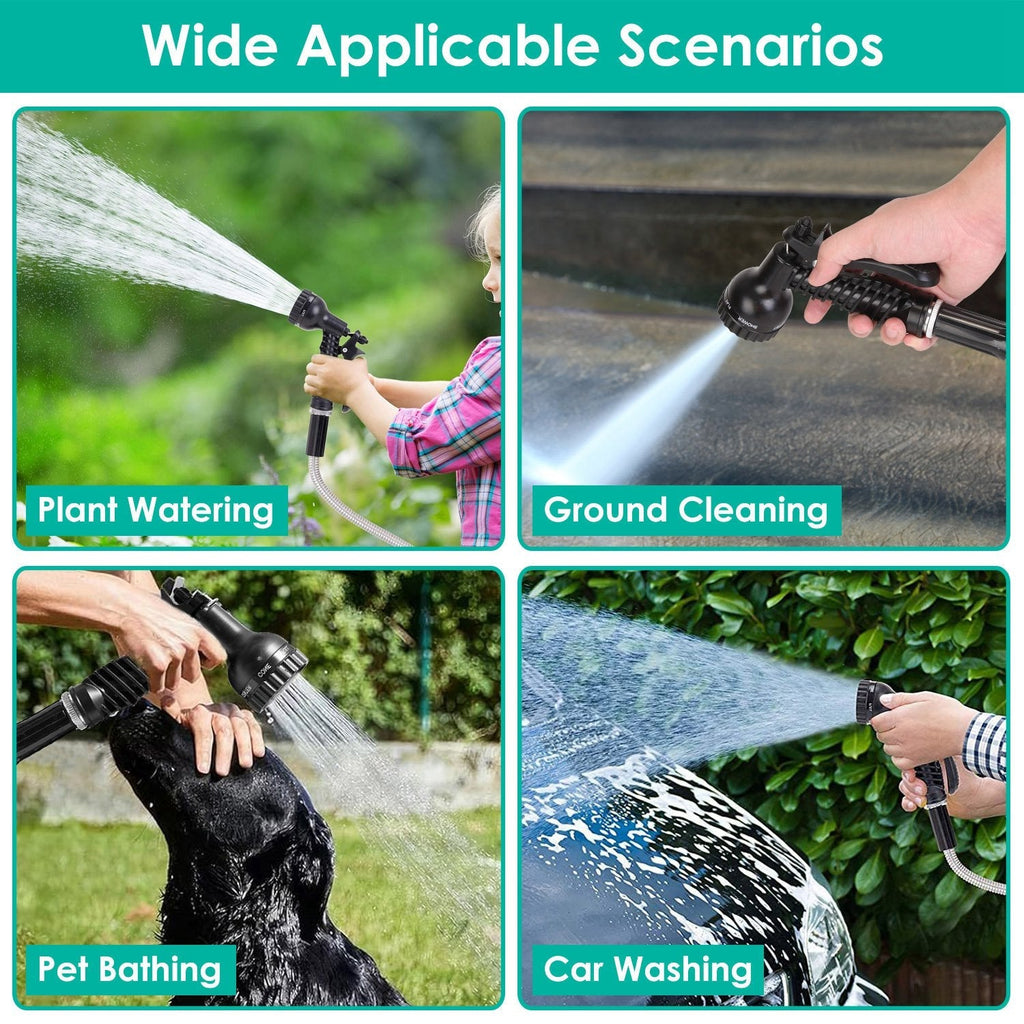 25FT/50FT/100FT Heavy Duty Stainless Steel Garden Hose Garden Watering Kit Metal Water Hose with 2 Nozzles 12 Patterns Flexible Extendable Kink Tangle